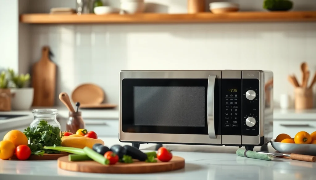Showcasing an affordable microwave oven in a modern kitchen setting, highlighting its sleek design and convenience.