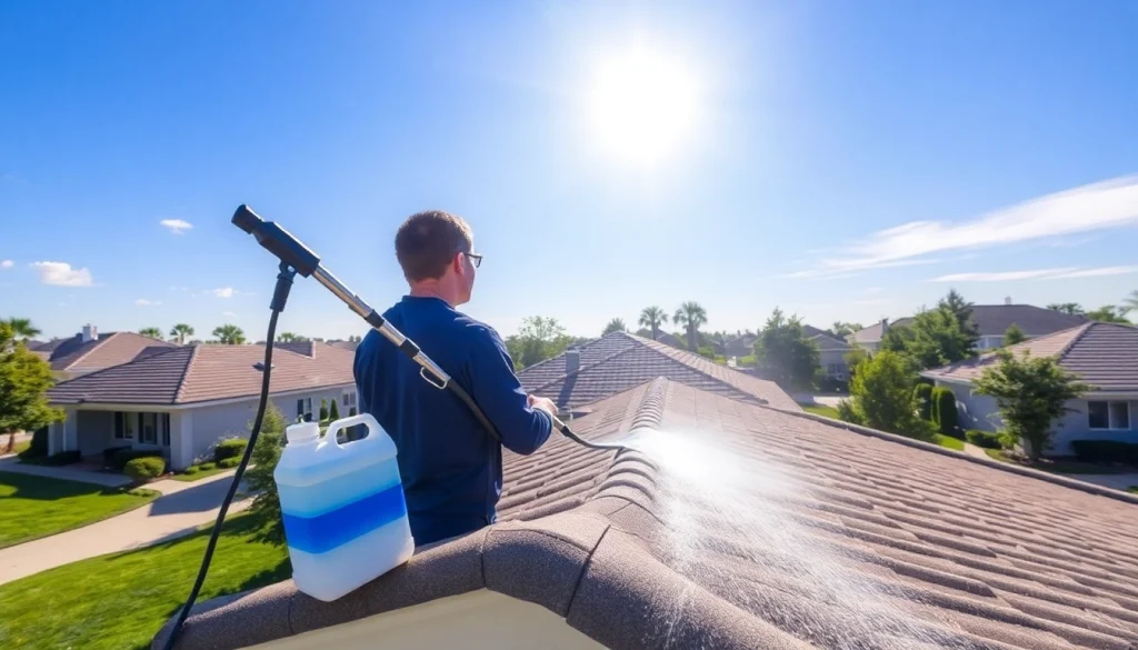 Roof cleaning service in action, showcasing a technician using eco-safe solutions for a pristine finish.