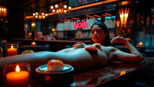Indulge in body sushi experience at Club Noir, featuring sushi artfully arranged on a model.