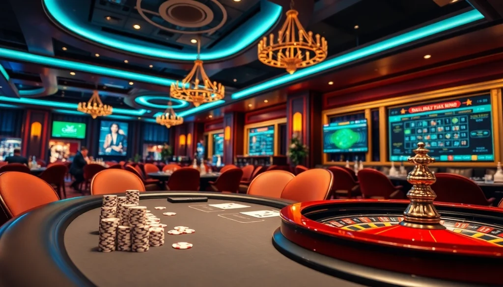 Exciting sbobet link alternatif gambling scene with poker table and roulette wheel.