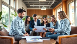 Engaged agents collaborating on auto and home protection plans in a bright office setting.