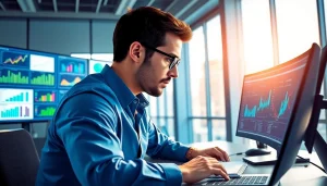 Analyze competitive intelligence data in a modern office with dynamic graphs.