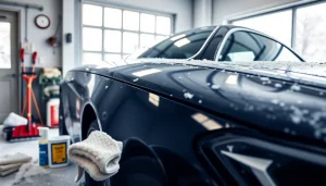 Winter car protection Chattanooga service highlighting detailing tools and a car in snowy surroundings.