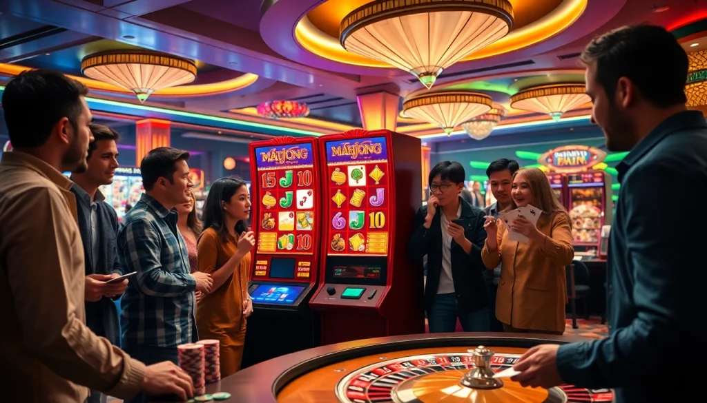 Engage with the mahjong slot demo in a lively casino scene featuring excited players and vibrant graphics.