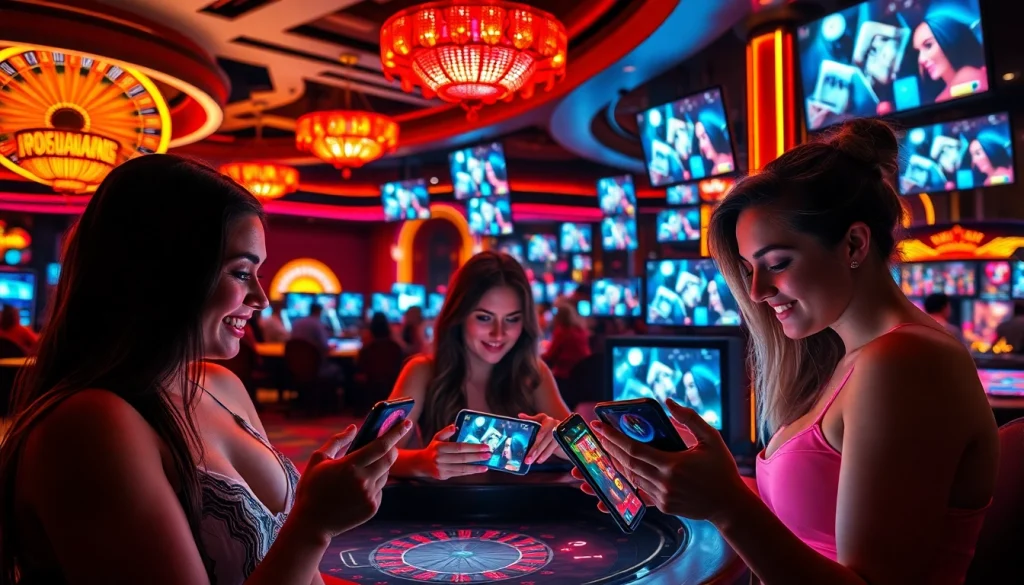 Players enjoying a mobile porn game amidst vibrant casino visuals, highlighting excitement and engagement.