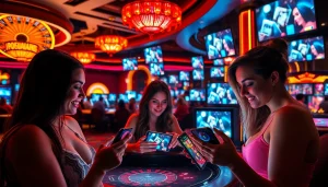 Players enjoying a mobile porn game amidst vibrant casino visuals, highlighting excitement and engagement.
