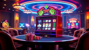 Rasakan keseruan demo mesin slot Mahjong dengan latar belakang kasino yang berwarna-warni.