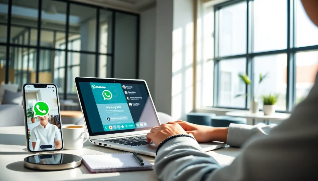 在现代办公室中使用 WhatsApp Web 的人，展示快连VPN 的安全消息传输。