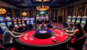 The b52 club features an elegant gaming table with players engaged in poker, showcasing excitement in a luxurious casino environment.