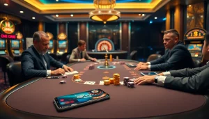 Players enjoying poker at a luxurious casino while the Samsung Galaxy S8 enhances their gaming experience.