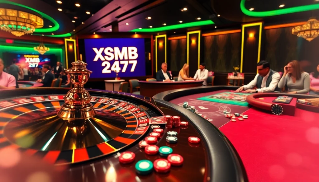 XSMB 247 casino scene featuring roulette and poker games highlighting excitement and luxury.