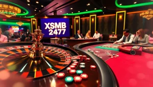 XSMB 247 casino scene featuring roulette and poker games highlighting excitement and luxury.