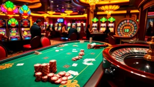 Exciting casino scene with players enjoying poker at raja toto88 with vibrant slot machines.