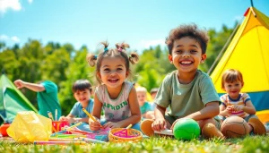 Children engaging in fun activities at holiday camps with vibrant colors and a lively atmosphere.