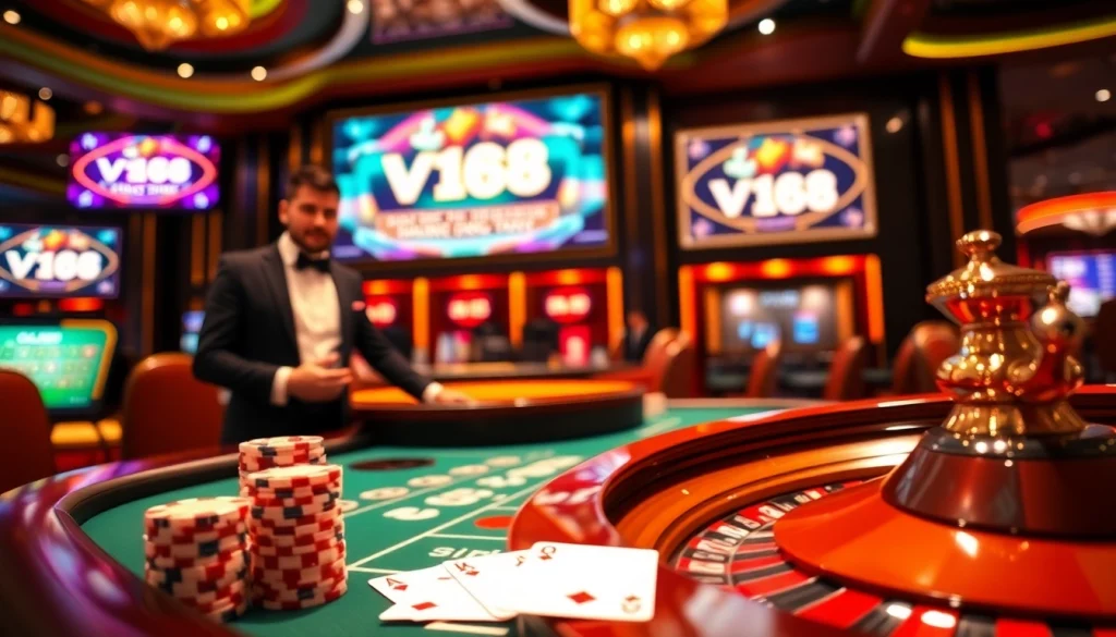 Join the excitement of vn168 đăng ký with a close-up of poker chips and a dealer at a blackjack table.
