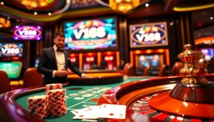 Join the excitement of vn168 đăng ký with a close-up of poker chips and a dealer at a blackjack table.