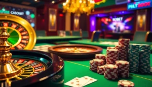 SboBet link alternatif display on a vibrant casino table with roulette and poker elements.