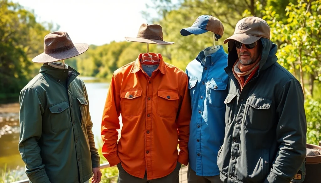 Showcase of Fly fishing apparel with vibrant colors and outdoor setting emphasizing comfort and style.