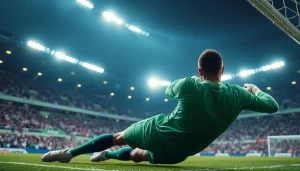 Catch the thrilling ผลบอลคืนนี้ as a goalkeeper makes an incredible dive during a match.
