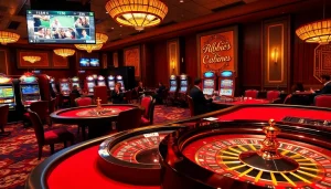 A vibrant casino scene showcasing excitement for link rr88 with poker tables, slot machines, and a roulette wheel.