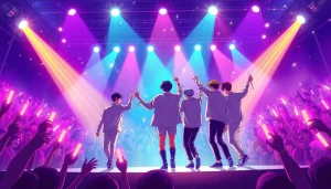 BTS news on vibrant stage performance with excited fans in the background.
