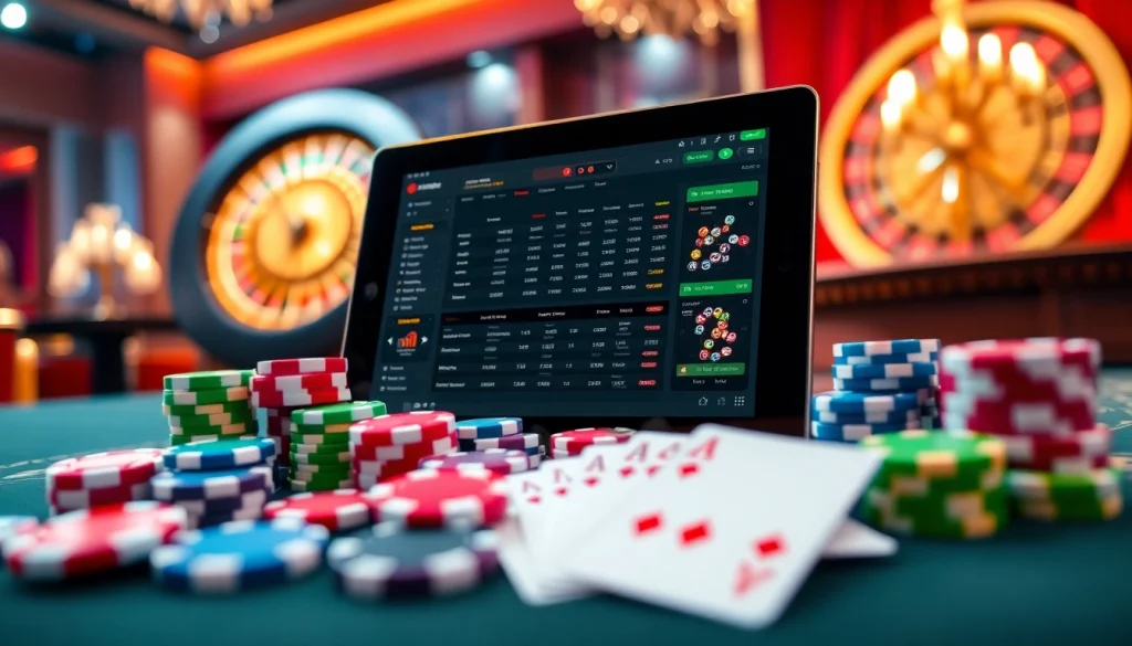 Placing bets on situs bola online with colorful poker chips and cards in a luxurious casino setting.