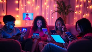 Engaging atmosphere of NSFW AI chat interactions, showcasing diverse users in a cozy, colorful setting.