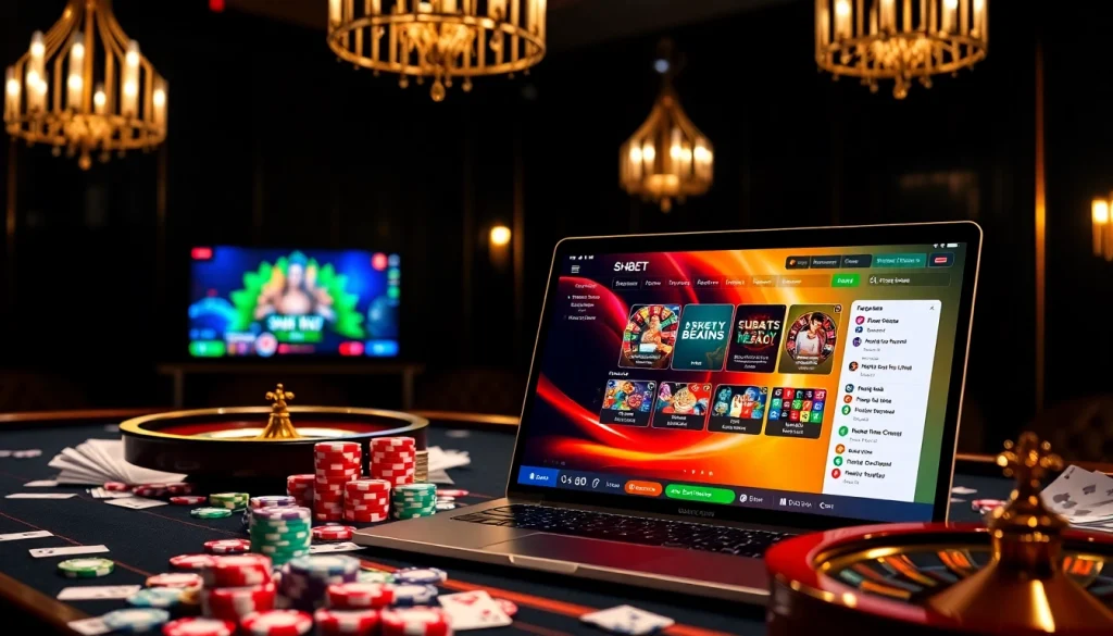 Engage with immersive SHBET online gaming experience featuring poker chips and roulette wheel.