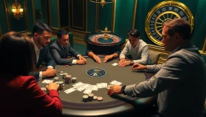 Joueurs engagés à une table de poker dans un cadre de casino fiable en ligne, montrant excitation et stratégie.