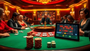 Vivez des moments palpitants à une table de poker dynamique, présentant un casino fiable en ligne et des jetons colorés.