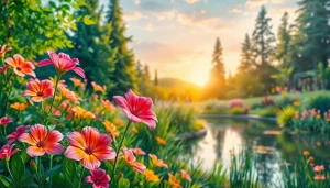 Captivating painting depicting a peaceful garden with vibrant flowers and a serene pond.