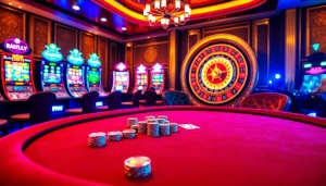 Des joueurs de casino fiable en ligne profitant d'une expérience captivante à une élégante table de poker avec des machines à sous vibrantes.