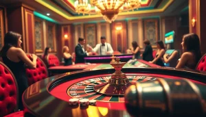 Une scène palpitante mettant en avant un casino en ligne fiable avec des joueurs plongés dans un jeu de roulette, soulignant le casino fiable en ligne.
