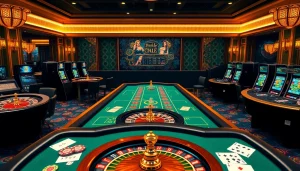 Joueurs engagés dans un casino fiable en ligne avec des machines à sous vibrantes et des tables de poker luxueuses.