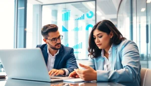 Team analyzing b2b competitive intelligence in a modern office setting, surrounded by data visuals.