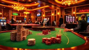 mm88 immersive casino scene with a sparkling poker table and vibrant roulette wheel.