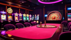 Capturer le frisson d'un casino fiable en ligne avec une scène de poker luxueuse illuminée par des machines à sous scintillantes et une roulette vibrante.
