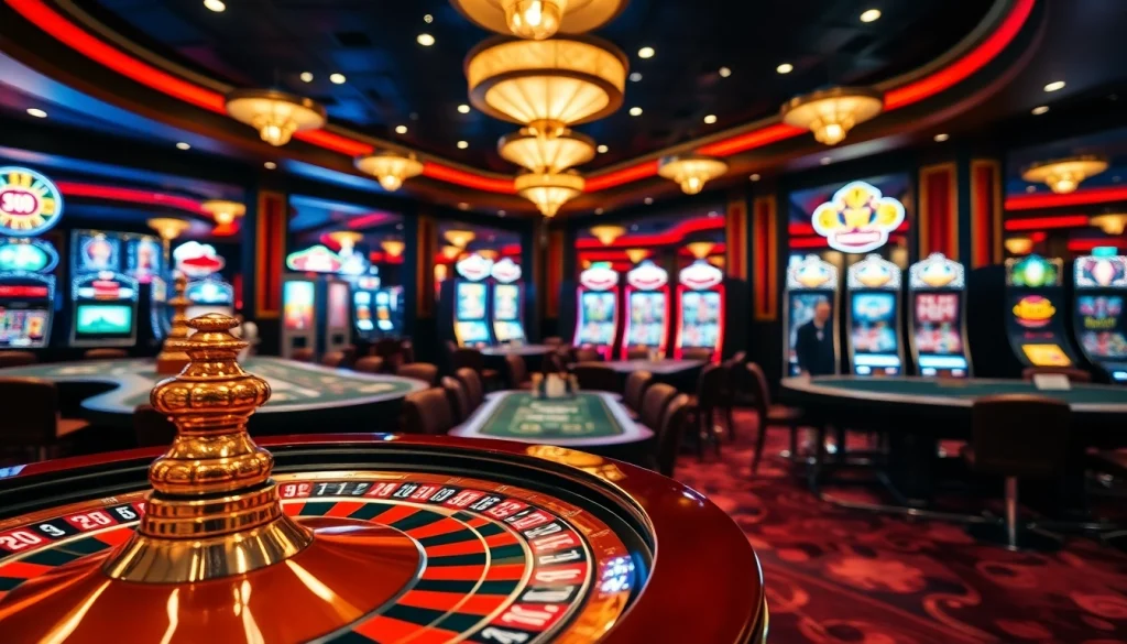 Atmosphère passionnante d'un casino fiable en ligne avec des tables de jeu vibrantes et une roue de roulette.