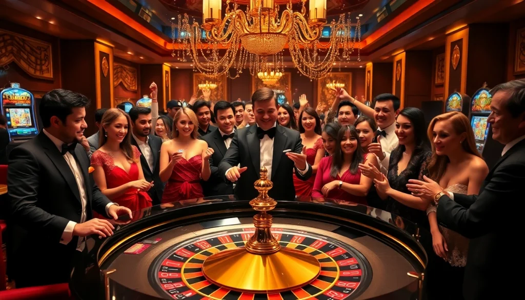 Ambiance excitante dans un casino fiable en ligne avec des joueurs autour d'une table de roulette luxueuse.