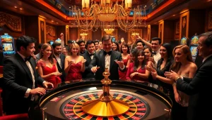 Ambiance excitante dans un casino fiable en ligne avec des joueurs autour d'une table de roulette luxueuse.