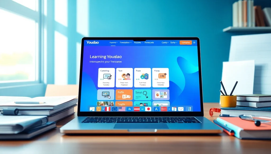 Youdao language translation tools displayed on a modern laptop, surrounded by educational materials.