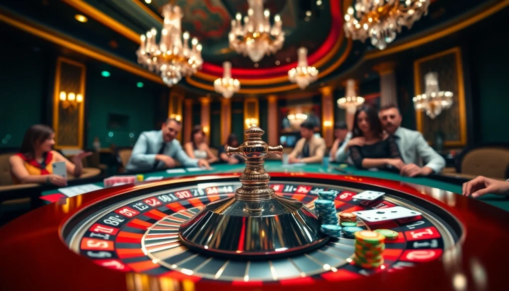 High-stakes players engaging in a luxurious Hay88 casino experience at a roulette table.