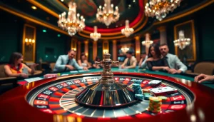 High-stakes players engaging in a luxurious Hay88 casino experience at a roulette table.