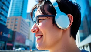Enjoying music with Bone X1 Bone Conduction Headphones in a vibrant urban setting.